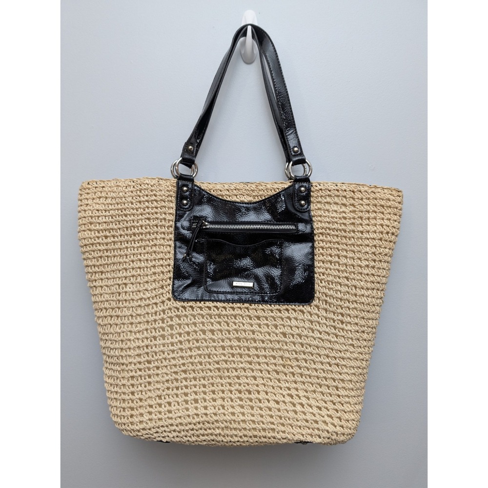 Nine West Open-Weave Crochet Straw Tote Bag w/Faux Patent Leather & Attached Bag